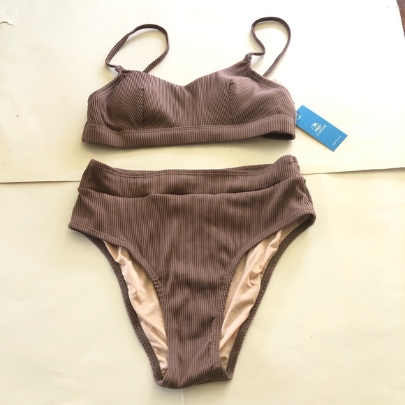 Cupshe Ribbed Texturized Scoop Neck Bralette High Waisted Bikini Swim Set Size S - Picture 5 of 14